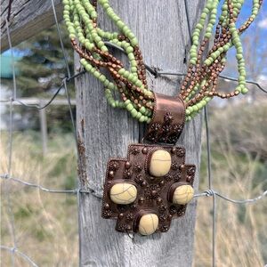 OMG!! Stunning Handcrafted Brass And Howlite Stone With Green Seed Bead Necklace